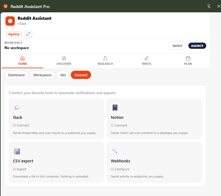 Integrations hub showing Slack, Notion, Google Sheets, and Webhooks connections