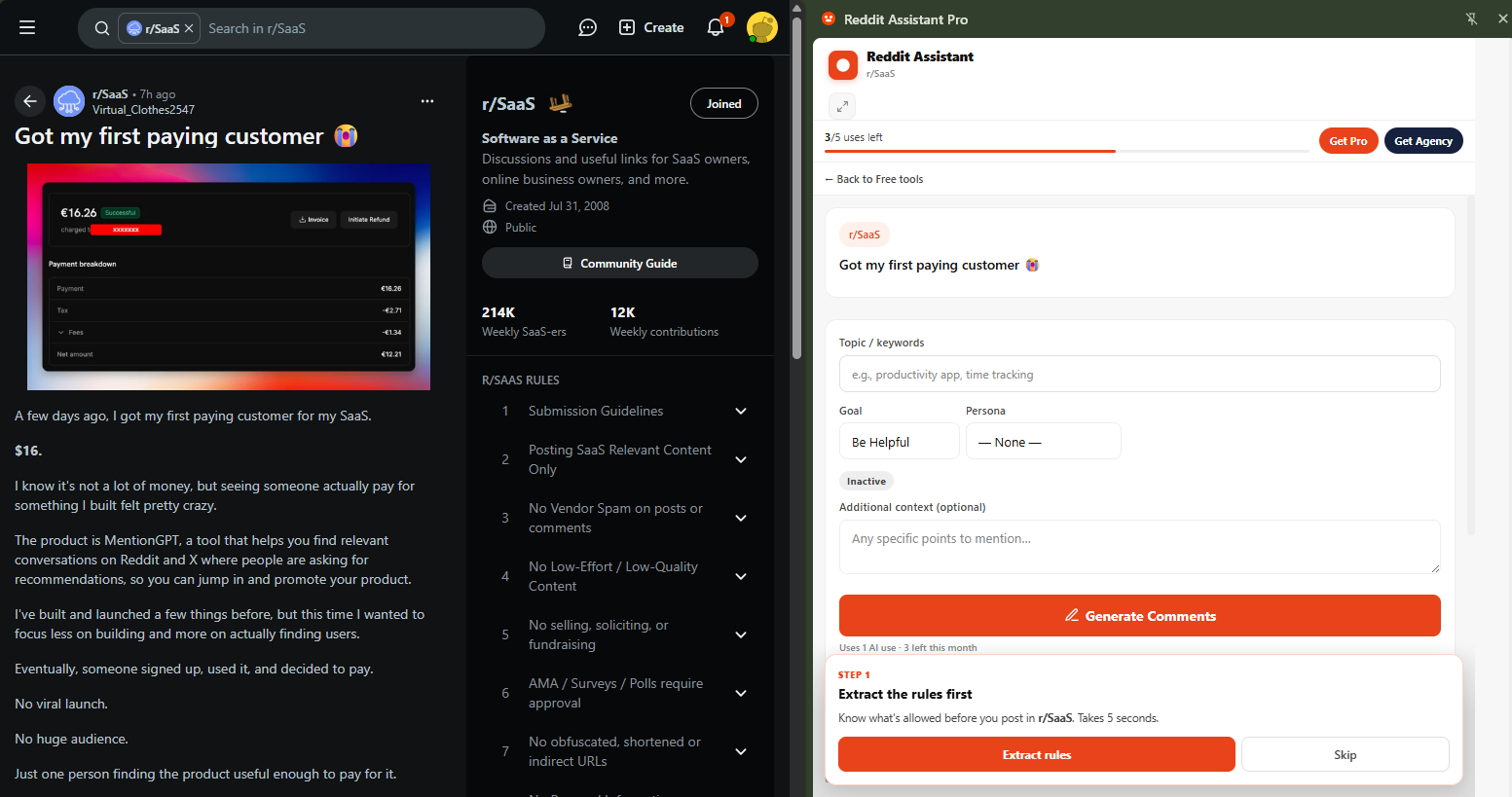Reddit Assistant Pro comment composer drafting a reply inside a Reddit thread