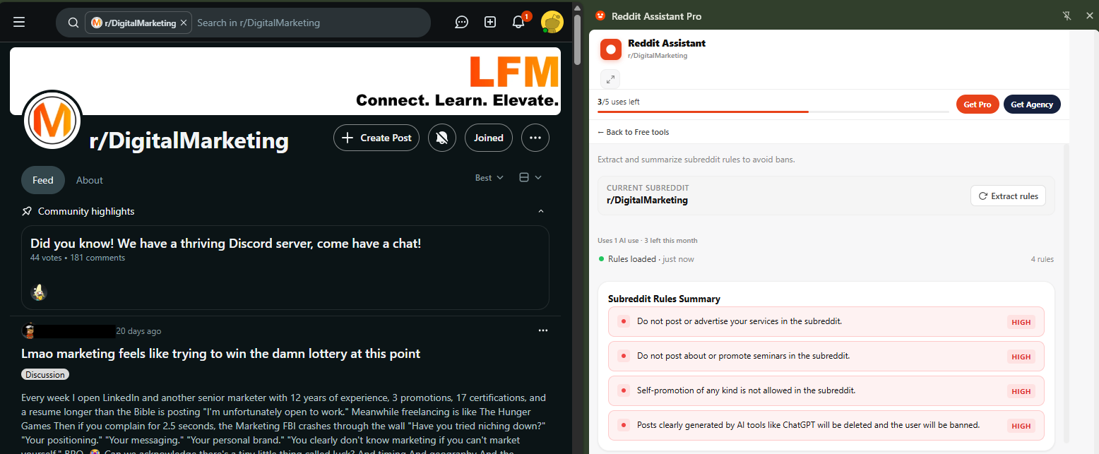 Smart Rules Extractor summarizing r/DigitalMarketing rules with risk levels